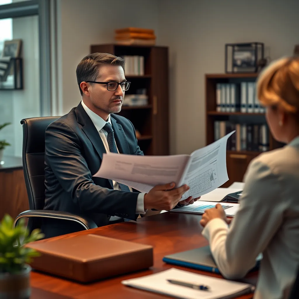 A professional accountant, dressed in a suit, sitting at a desk with a client, discussing financial plans and strategies. The scene should convey a sense of trust, expertise, and personalized support, with a warm and inviting office setting.