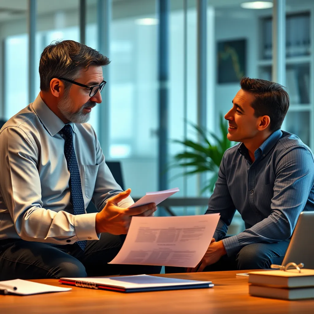 A professional accountant discussing tax strategies with a business owner, emphasizing a collaborative approach to optimize tax planning and ensure compliance. The image should depict a relaxed and confident setting, suggesting a trustworthy and knowledgeable team.