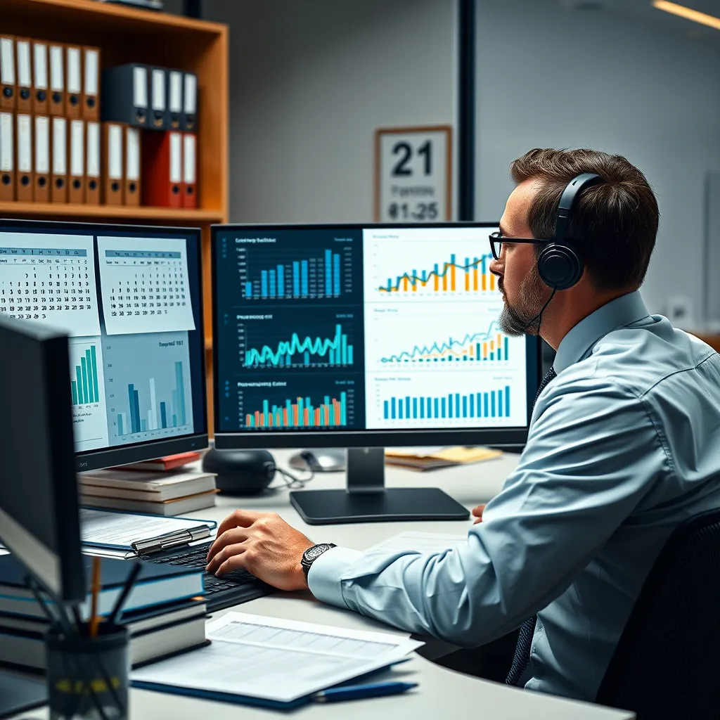 A professional accountant in a modern office reviews multiple financial reports on a computer screen. The background shows calendar pages and financial charts indicating consistency over time. The scene should look orderly, with tidy files and books on shelves.