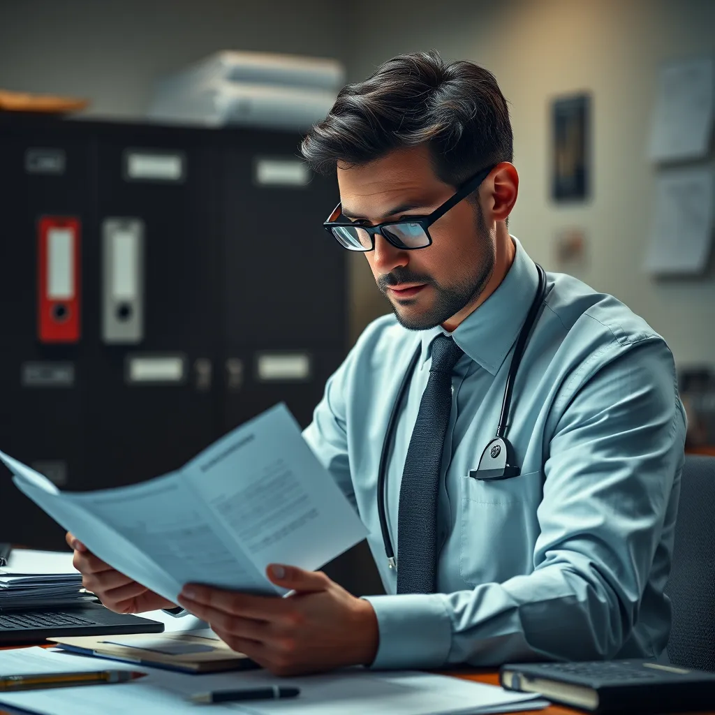 A professional accountant reviewing financial documents with a focus on compliance and accuracy. The background should depict a formal office setting with a filing cabinet and other accounting tools, emphasizing the importance of organized and compliant record-keeping.