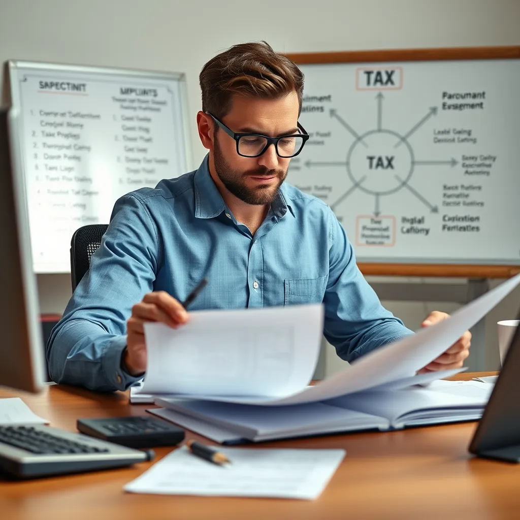 A professional accountant sitting at a desk, reviewing financial documents, with a magnifying glass in hand, and a calculator nearby. In the background, a whiteboard shows a diagram with tax-related concepts and strategies, highlighting a focus on minimizing tax liability.