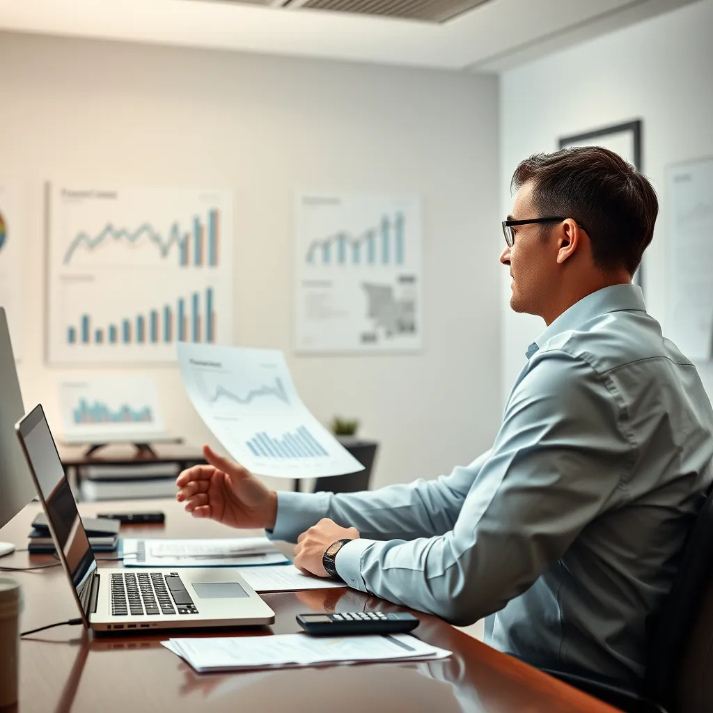 A professional accountant sitting at a desk, reviewing financial reports and graphs, with a laptop and calculator in front of them. The room should be well-lit and organized, representing a professional work environment. The image should convey accuracy, precision, and data-driven insights.