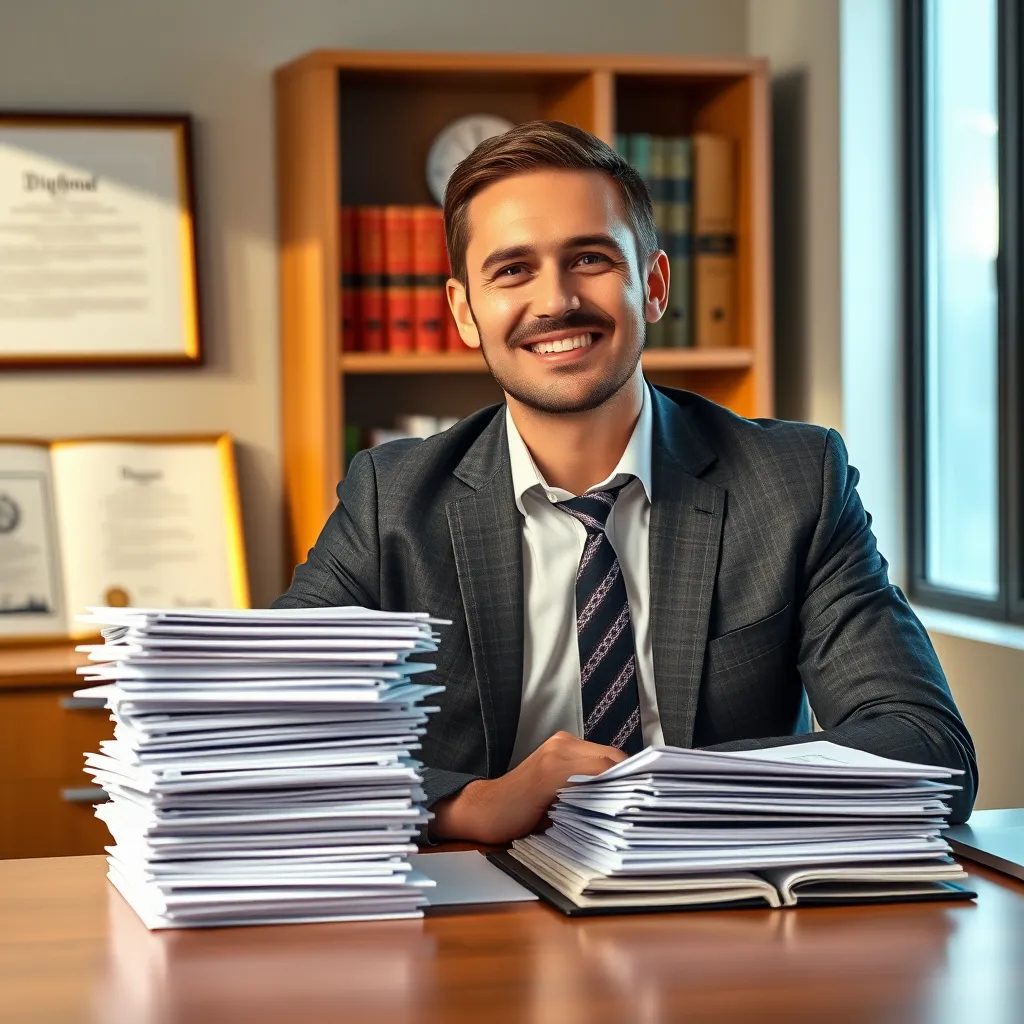 A professional accountant sitting at a desk with a stack of organized financial documents. They are wearing a suit and smiling confidently. The background should be a well-lit office with bookshelves and a framed diploma. The image should convey a sense of security and expertise.