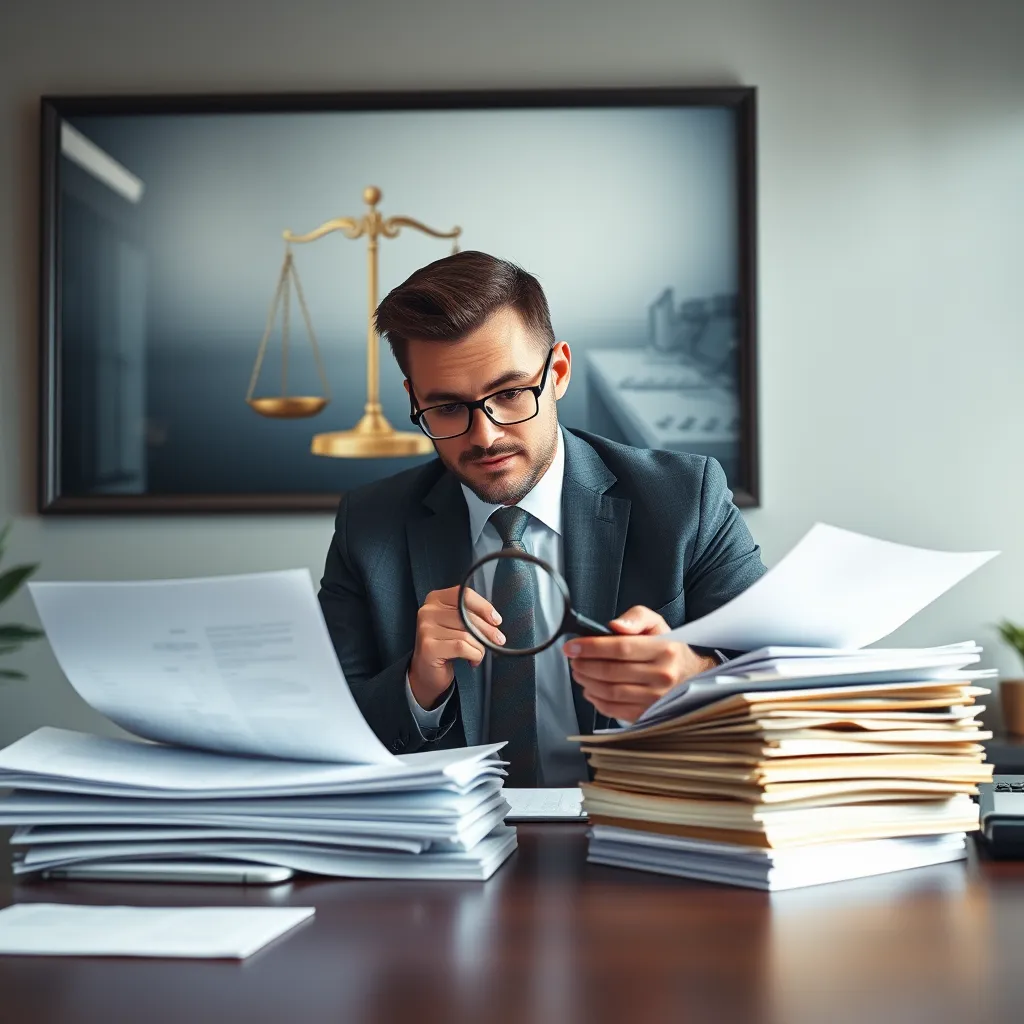 A professional accountant wearing a suit and tie sits at a desk with stacks of documents, confidently reviewing financial statements with a magnifying glass. Behind them is a wall with a large framed image of the law scales, signifying the importance of compliance.
