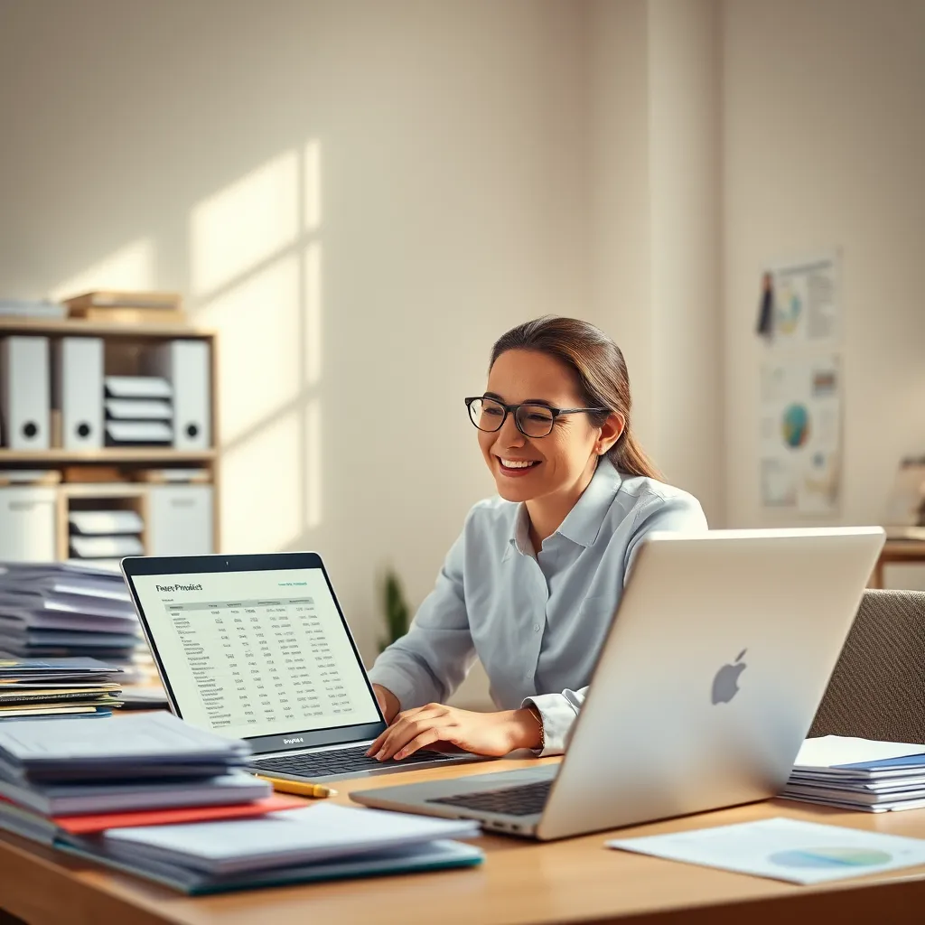 A serene office workspace with a laptop open to a financial spreadsheet, surrounded by organized documents and folders, bathed in soft, natural light. A person wearing professional attire is smiling while looking at the laptop screen, radiating a sense of calm and organization.