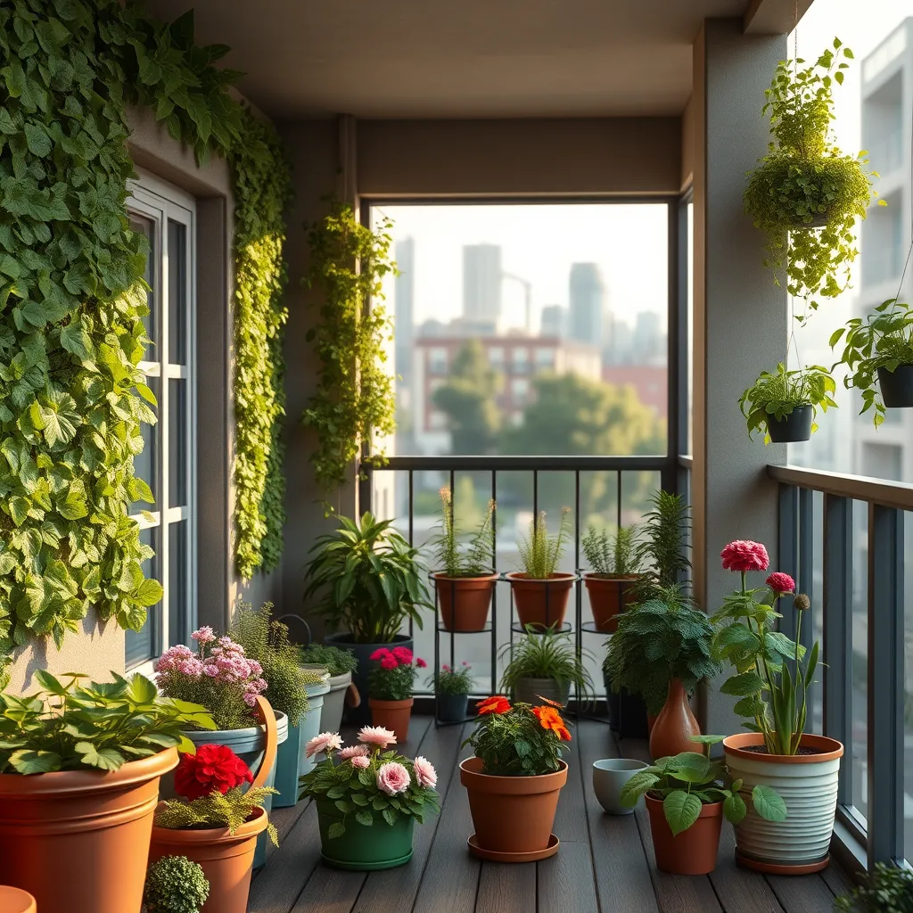 A small balcony in an urban apartment with vertical garden walls covered in various green plants. Below, several colorful containers with blooming flowers and vegetables on a wooden deck.