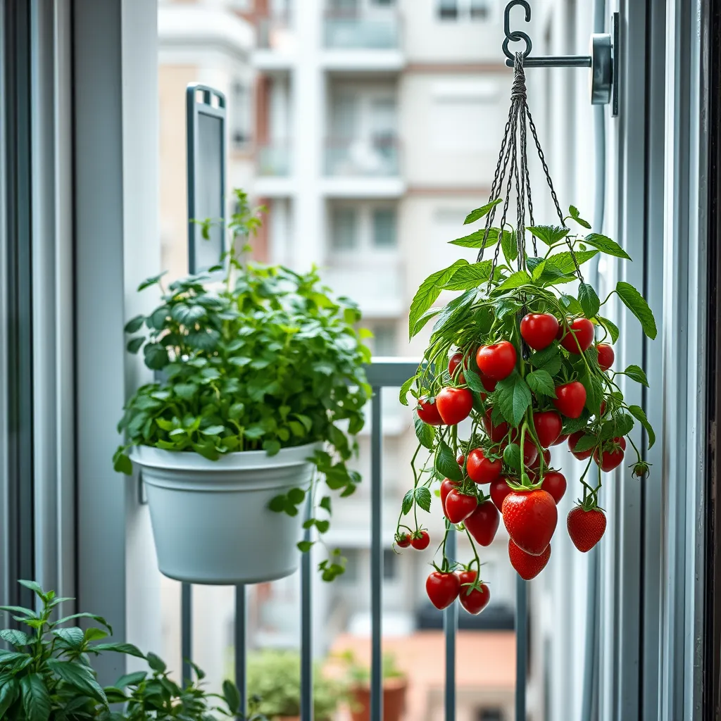 A small urban balcony filled with vertical planters and hanging pots. The planters are lush with various herbs like basil and mint, while hanging pots feature cherry tomatoes and strawberries.