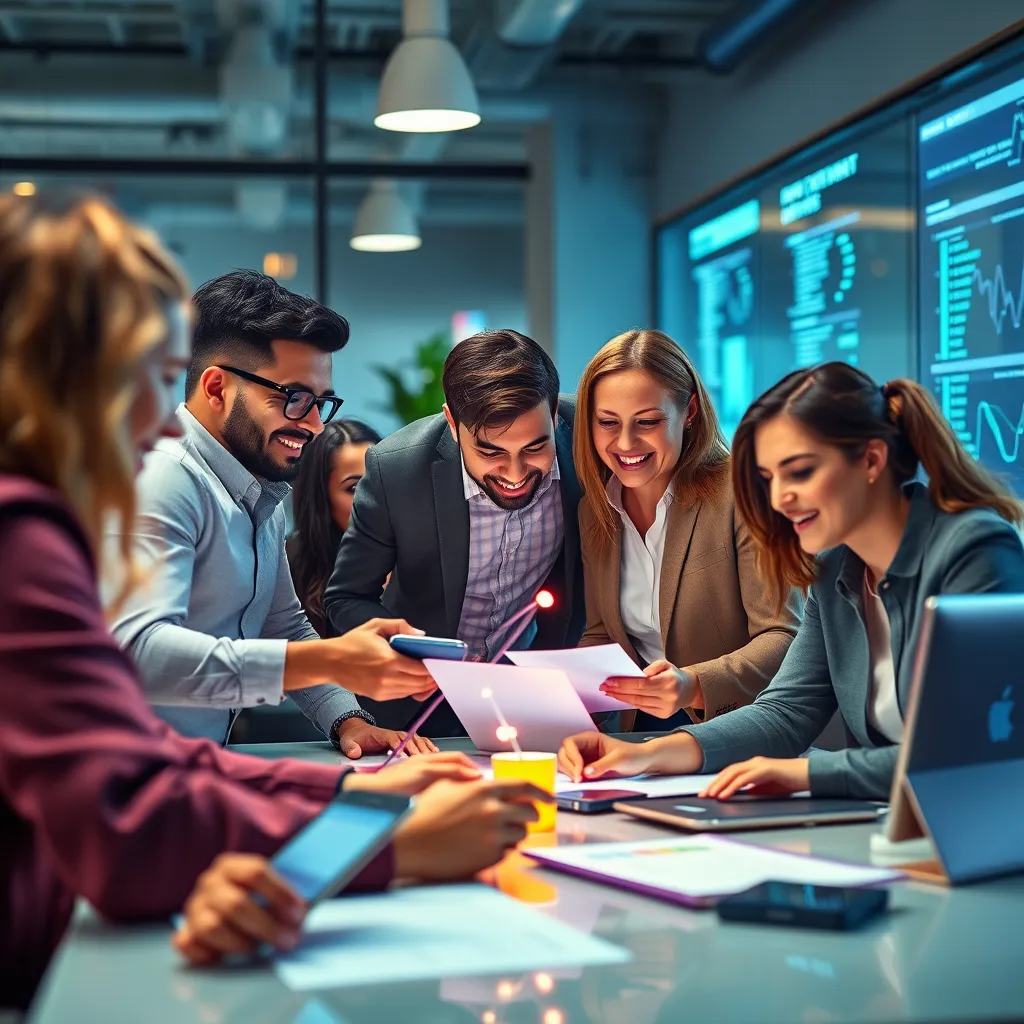 A vibrant, dynamic scene depicting a business team collaborating on a project, using technology and digital tools to manage their tasks and finances. The image should showcase a fast-paced, efficient working environment with a positive and collaborative atmosphere.
