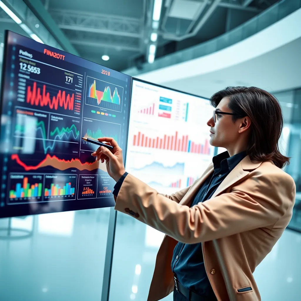 A vibrant and dynamic image of a financial analyst examining data on a large interactive display. The analyst is wearing a stylish outfit, representing a modern and tech-savvy professional. The background features a sleek, open-plan office with a modern aesthetic. The display showcases colorful graphs and charts, revealing trends and patterns. The analyst is using a stylus pen to interact with the data, highlighting key areas of interest. The lighting is bright and clean, emphasizing clarity and precision. The composition should be dynamic and visually engaging, reflecting the proactive and analytical nature of financial reporting. Style reference:  Edward Hopper, 8K resolution, ultra-detailed, hyperrealistic.