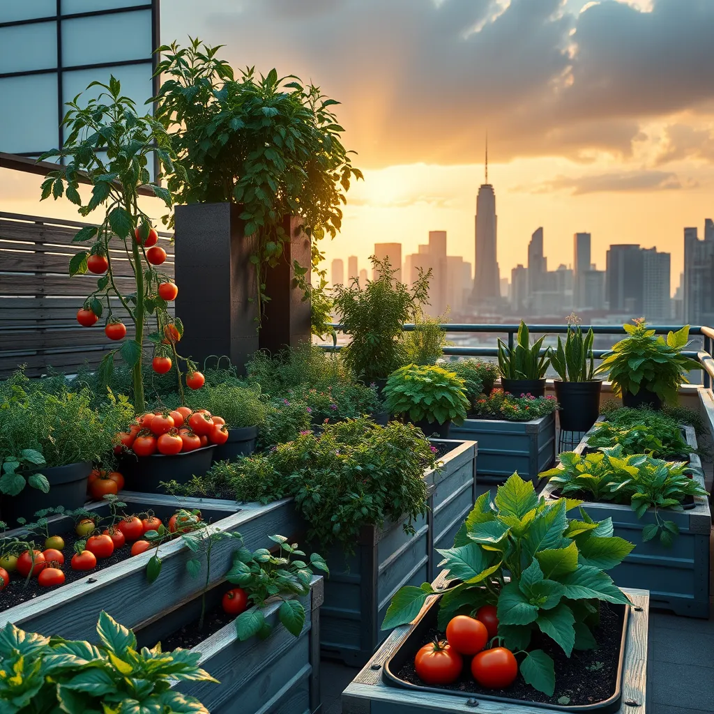 A vibrant urban rooftop garden with raised beds and container plants. Vegetables like tomatoes, peppers, and lettuce are growing abundantly. The city skyline is visible in the background.
