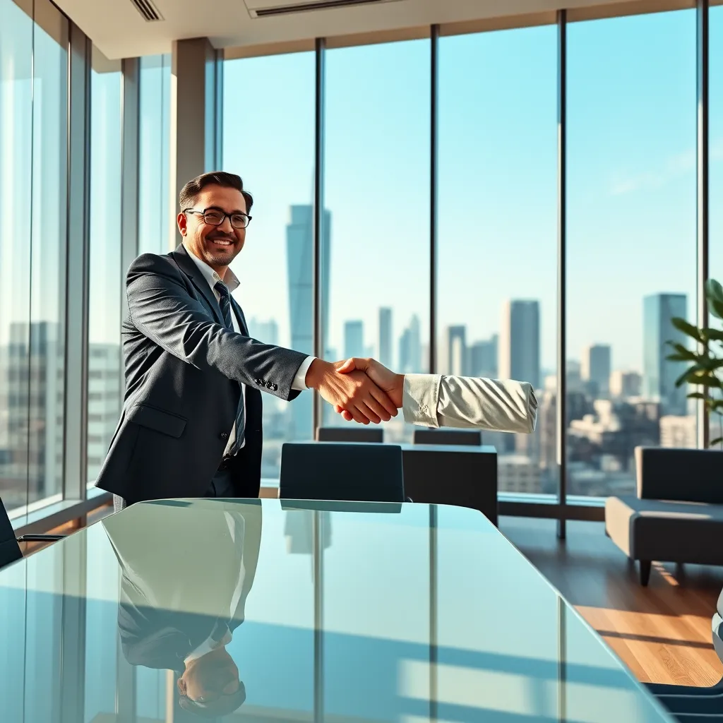 A wide-angle shot of a confident business owner shaking hands with an accountant in a bright, modern conference room. Both individuals are dressed in professional attire, radiating success and trust. The room is filled with natural light, reflecting off the sleek glass table and modern furniture. The background features a cityscape, symbolizing growth and ambition. The image is rendered in a photorealistic style, showcasing the dynamic interaction between the business owner and accountant. The scene exudes a sense of collaboration, professionalism, and a shared vision for success.