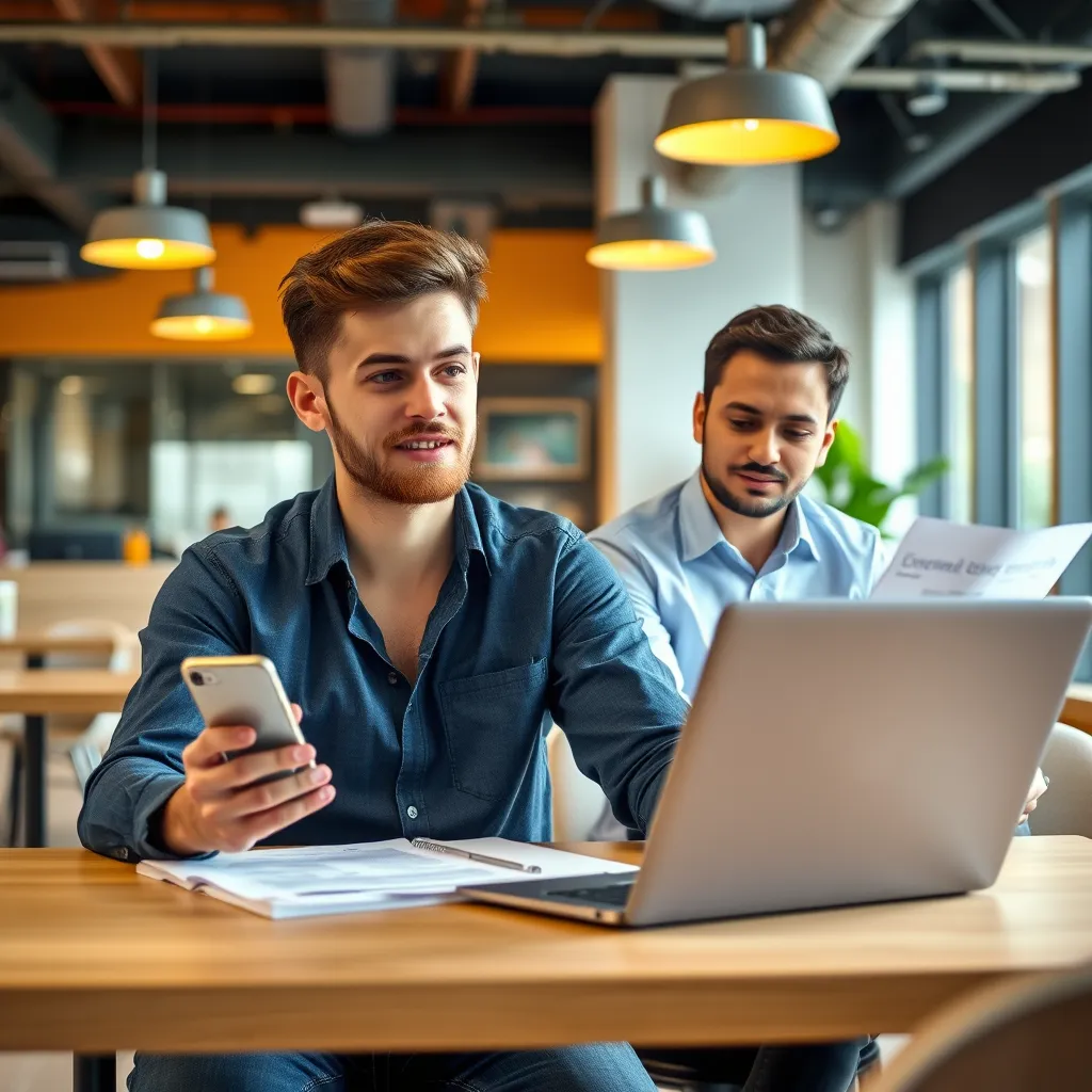 A young entrepreneur sitting at a desk with a laptop and a smartphone, discussing business plans with an accountant. The scene is set in a vibrant, modern co-working space, emphasizing the dynamic and adaptable nature of the services.