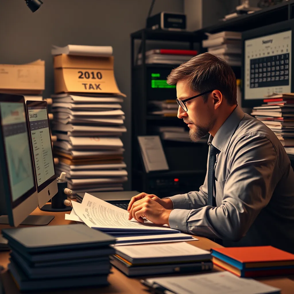 An accountant filing compliance documents, surrounded by stacks of regulatory books and using a modern computer system. The scene also includes a calendar highlighting the fiscal year-end and tax deadline dates.