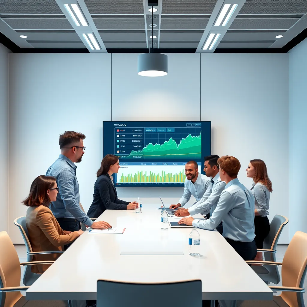 An image of a group of business professionals gathered around a table, discussing financial data on a large screen. The scene should be set in a contemporary meeting room with a minimalist design, featuring clean lines and neutral colors. The lighting should be bright and even, creating a sense of clarity and collaboration. The business professionals should be diverse in age and background, conveying the inclusive and innovative nature of Mindbugg. The image should capture the dynamism and strategic thinking involved in business advisory. Render the details with a high degree of realism, showcasing the textures of the clothing, the sharpness of the screen display, and the subtle gestures of the participants. Achieve an 8K resolution with a hyperrealistic style, emphasizing the sense of movement and interaction.