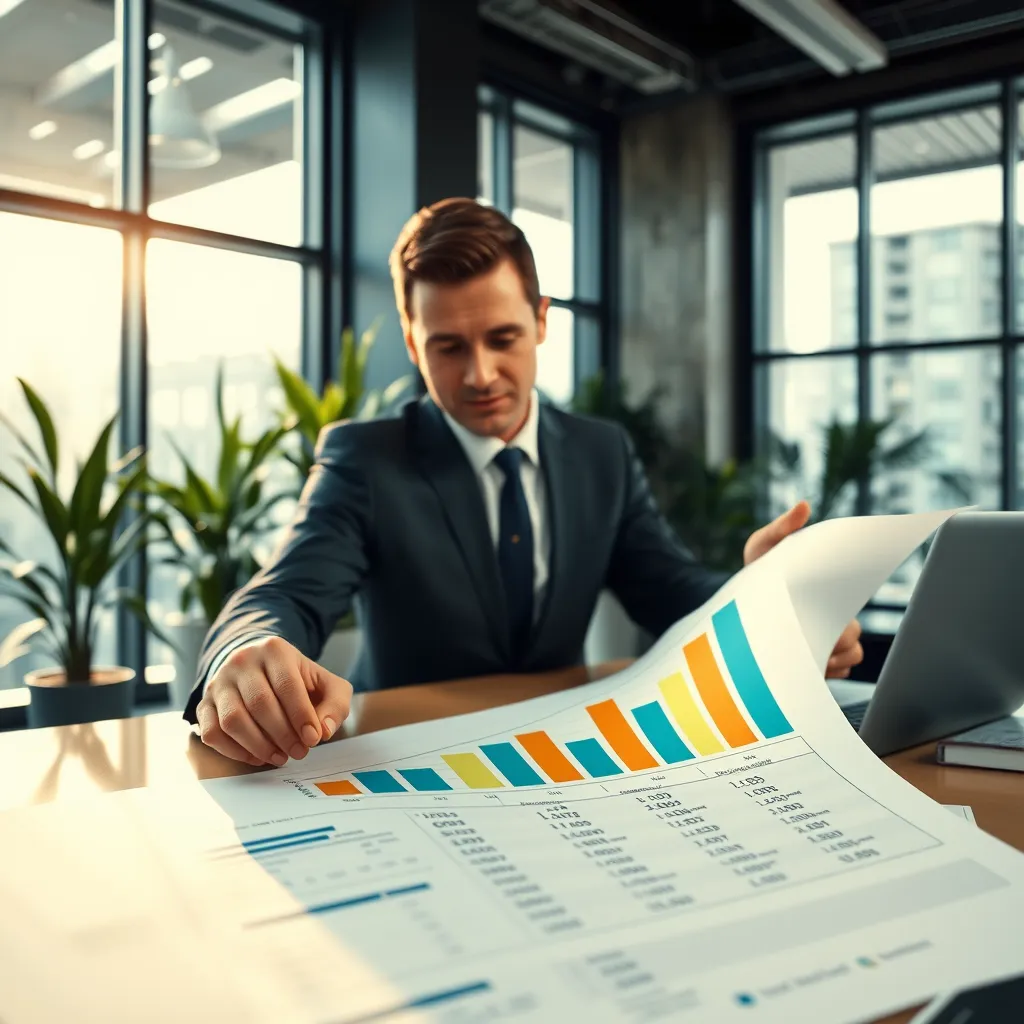 An organized and clearly defined financial report with significant figures highlighted in bold. The setting includes a professional office with large windows, plants, and the accountant pointing out key figures. The overall atmosphere should suggest transparency and significance.