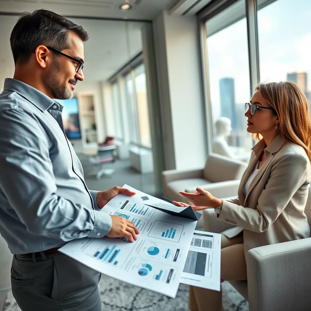 An ultra-high quality, photorealistic image depicting a business owner, dressed casually in a collared shirt and slacks, meeting with a tax accountant in a modern office. The accountant is explaining complex tax documents and charts on a digital tablet, while the business owner is listening attentively and engaging in discussion. The office is bright and airy, with minimalist furniture and a large window overlooking a city skyline. The scene should convey a sense of trust, expertise, and collaboration. The image should be composed with a low angle shot, emphasizing the importance and expertise of the tax accountant. Lighting should be soft and diffused, highlighting the details of the tax documents and the expressions on the faces of the individuals. Render the image in 8K resolution with hyperrealistic details.