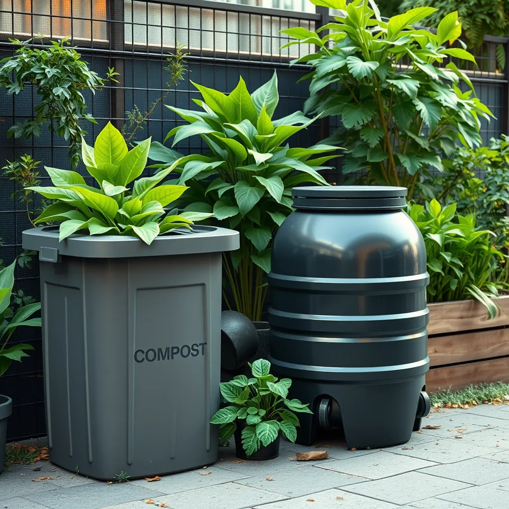 An urban garden setup illustrating sustainable practices. A compost bin and a rain barrel are prominently placed next to a series of healthy, green plants. The setting combines modern urban elements with nature.