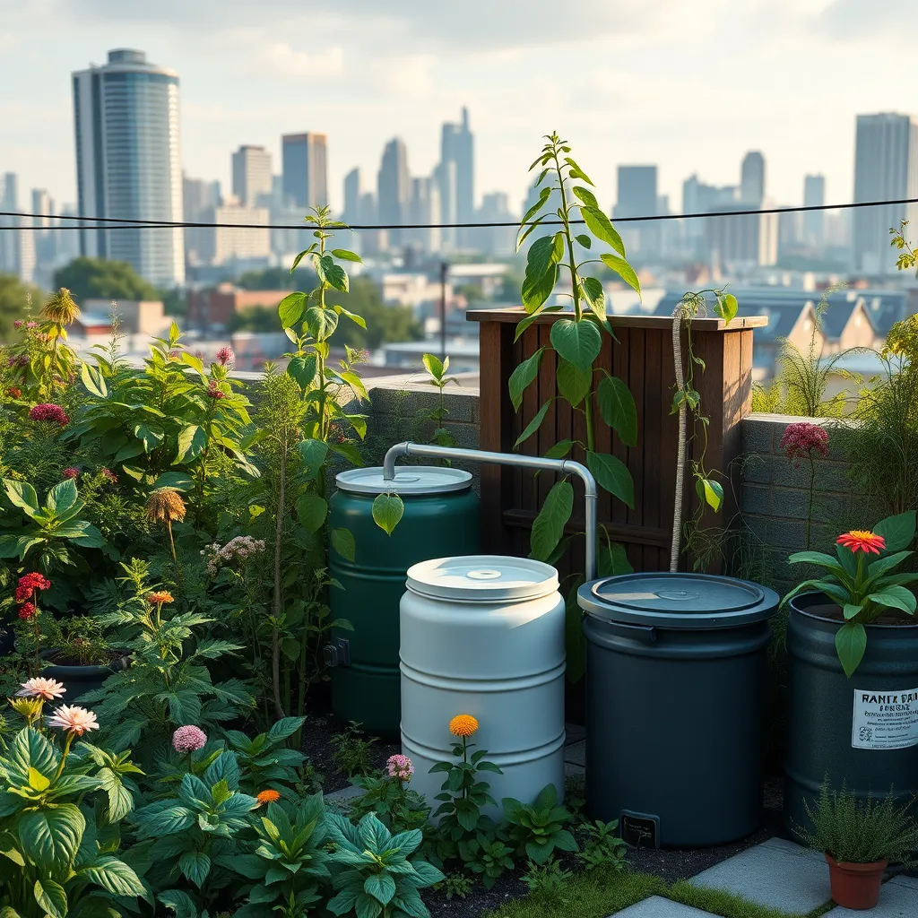 An urban garden setup with a rainwater harvesting system, including rain barrels and compost bins. The garden has lush green plants and flowers, with a city skyline visible in the distance.