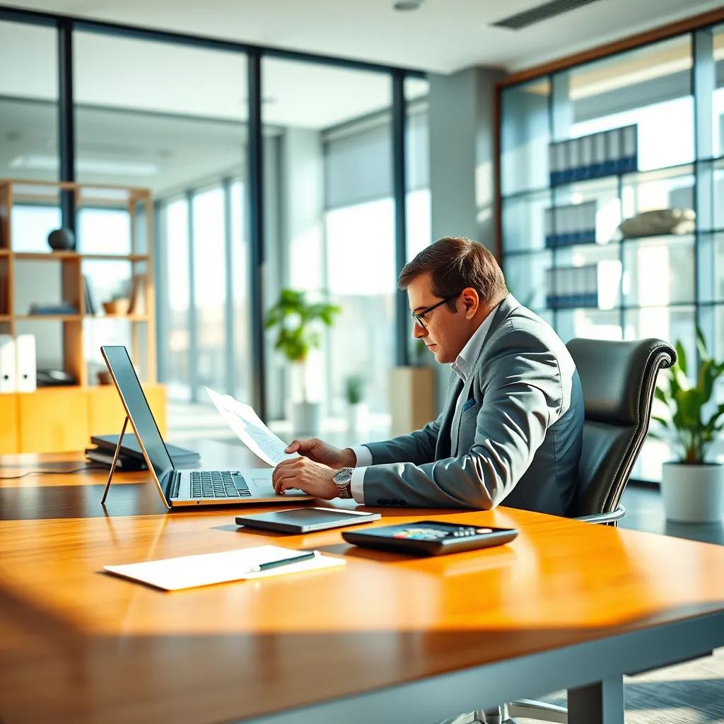Create a photorealistic, ultra-high quality header image for an accounting business named 'Ankit's Firm'. The composition should feature a modern, sleek office environment with a focus on a professional accountant at a desk, working on financial reports and using a laptop. The lighting should be natural, coming from large windows, creating a bright and inviting atmosphere. The color palette should include shades of blue and white to evoke a sense of trust and professionalism. The mood should be focused yet welcoming, conveying the dedication and friendliness of the firm. Use a slightly elevated camera angle looking over the accountant's shoulder to capture the screen and documents. Include realistic textures of polished wood for the desk, leather for the chair, and glass for the windows. Background elements should include organized shelves with binders and a potted plant to add a touch of greenery. Props like a calculator, notepad, and pen should be visible on the desk. The style should be hyperrealistic with attention to detail and the image should be rendered at 8K resolution to ensure clarity and crispness., ultra high resolution, photorealistic, 8K, hyperdetailed, cinematic lighting
