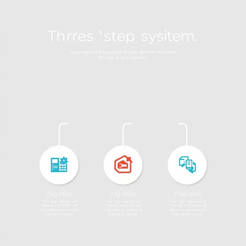 A clean, minimalist infographic illustrating the three-step system. Each step is clearly defined, with vibrant icons and simple text.  Bright, clear design, 8K resolution.