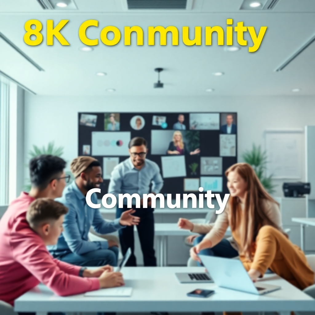 A photorealistic image of a group of people working collaboratively in a virtual space, symbolizing the community. 8K resolution, vibrant and welcoming.