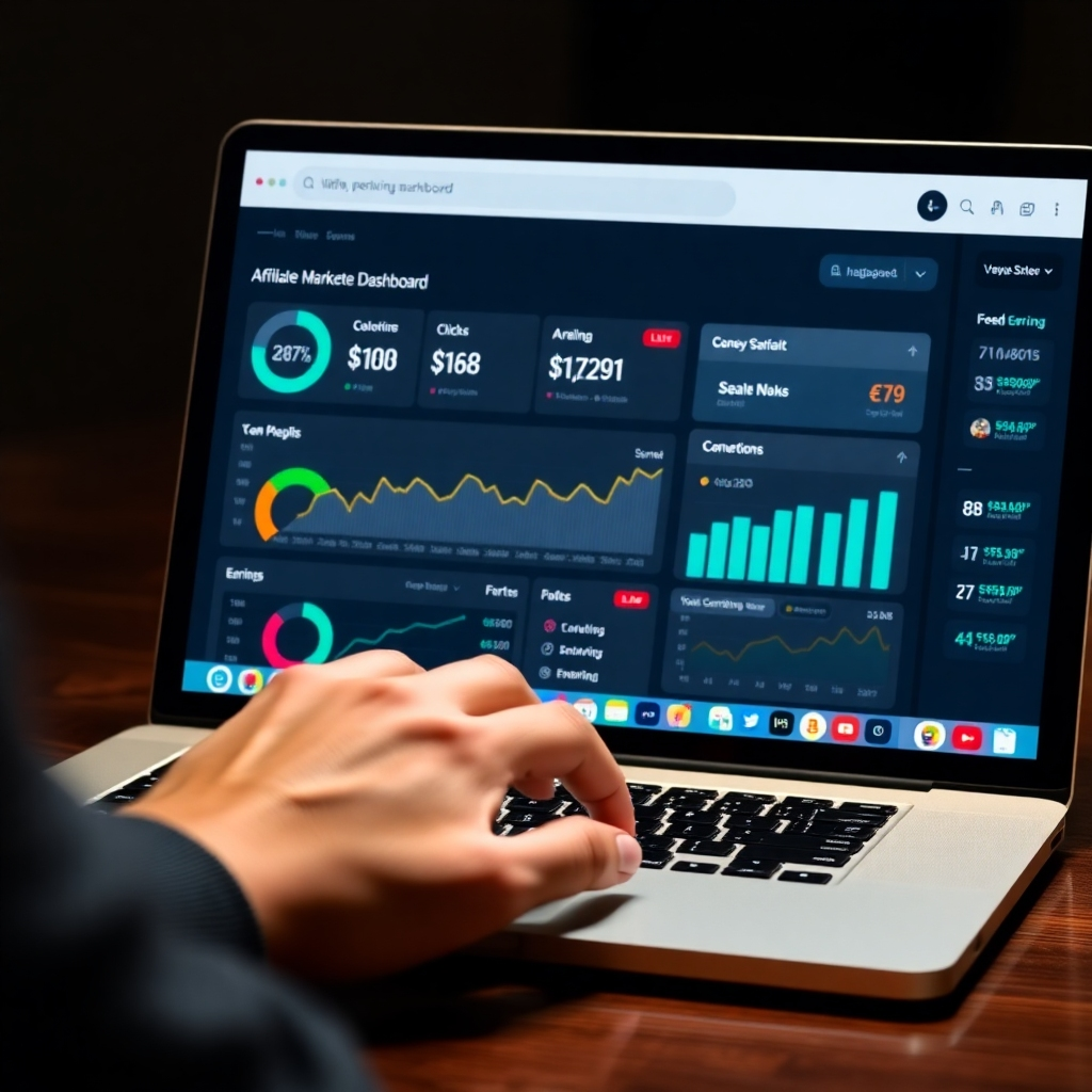 A photorealistic image of a laptop screen showcasing a high-performing affiliate marketing dashboard, emphasizing key metrics like clicks, conversions, and earnings. Include a person's hands hovering over the keyboard, suggesting engagement and active management. Use realistic lighting and textures to create a sense of authenticity.