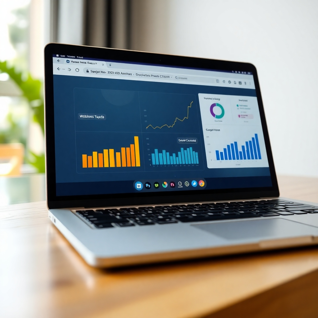 A photorealistic image of a laptop displaying the webinar interface, with a close-up showing various charts and graphs about income growth. Bright, professional color scheme. 8K resolution.