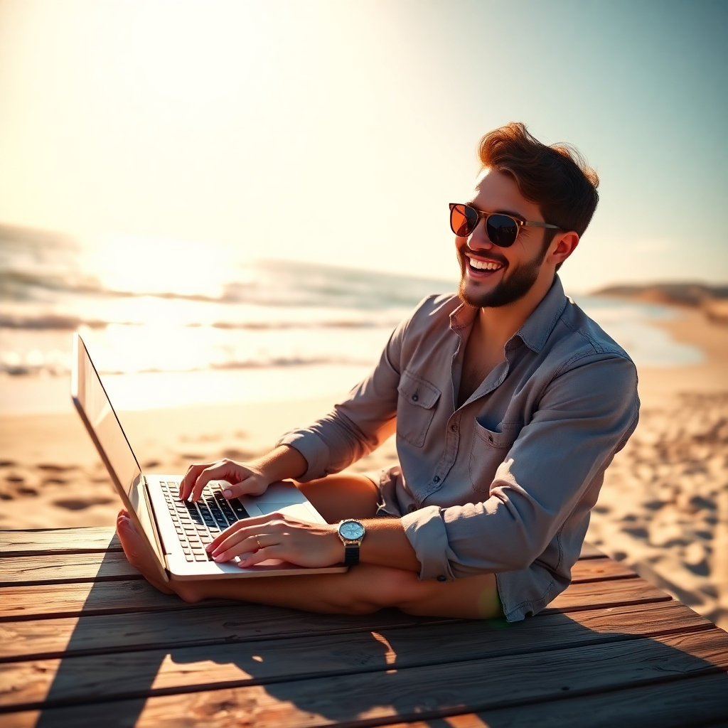A photorealistic image of a person happily working on their laptop outdoors by a beach, laptop showing charts of increasing revenue.  Bright, sunny lighting and vibrant colors. Hyperrealistic, 8K resolution.  Style similar to a modern stock photo emphasizing freedom and success.