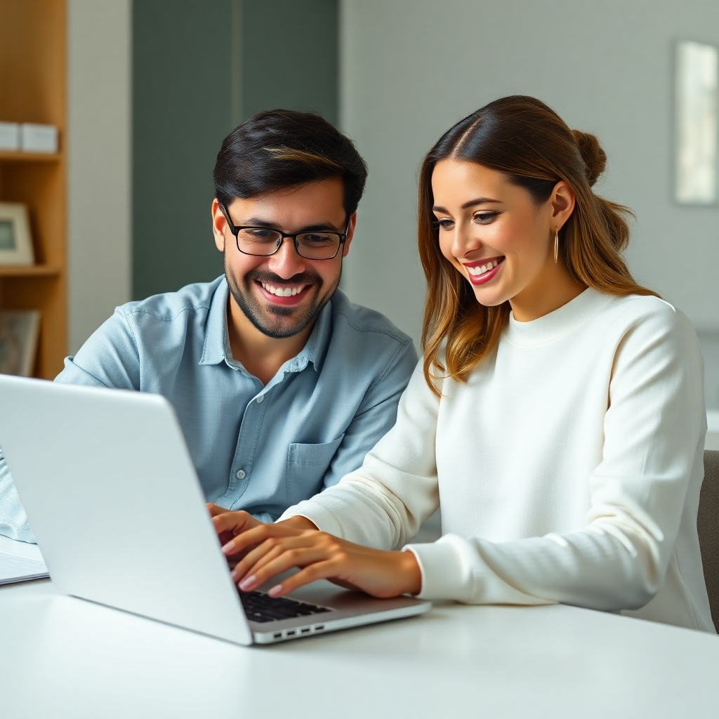 A photorealistic image showing a mentor and student working together on a laptop, both smiling and looking at the screen, showing graphs of success. 8K resolution.