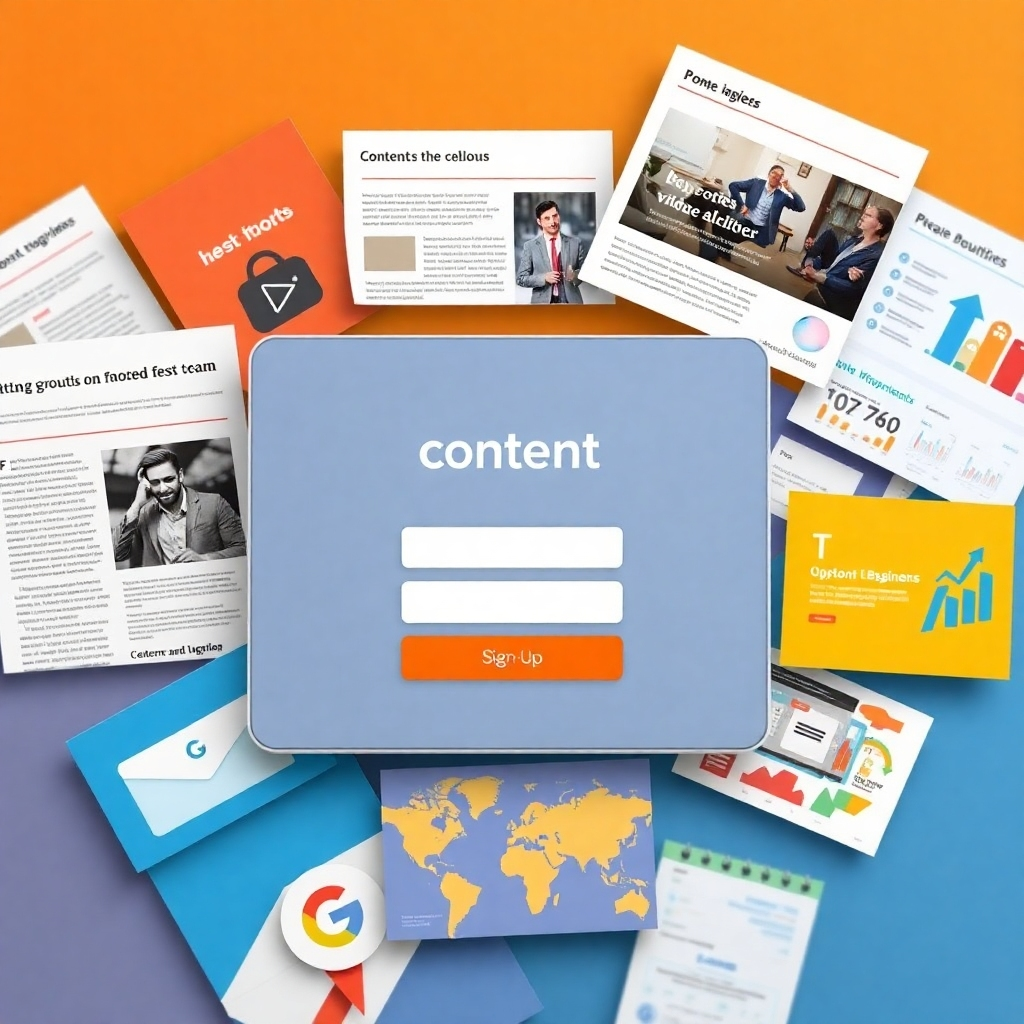 A photorealistic image showing various content formats (blog posts, videos, infographics) strategically placed around a central email sign-up form.  Focus on the visual details that create a sense of engagement and information density.