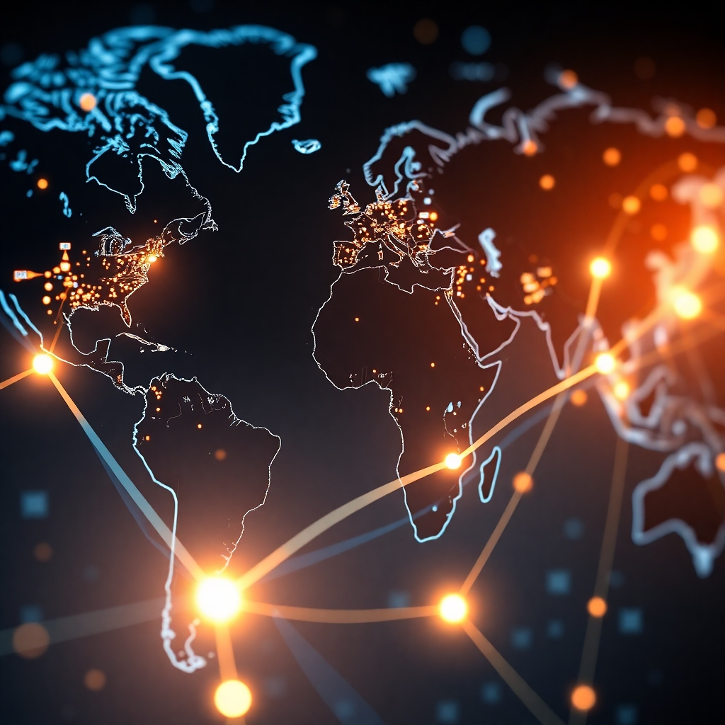 A stylized image depicting a digital map of the world with glowing lines connecting various locations. Each line represents income streams. Bright, futuristic aesthetic, 8K resolution.