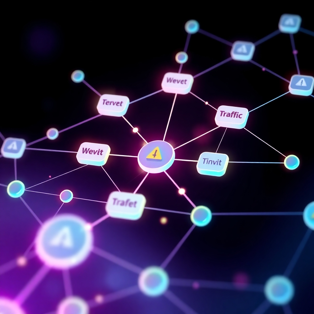 A stylized image depicting a network of interconnected nodes, each representing a website or platform, with lines connecting them illustrating the flow of traffic and affiliate marketing. Use vibrant colors and a futuristic, almost holographic aesthetic. The overall style should be clean and easily understandable, with visual cues to emphasize the interconnected nature of affiliate marketing.