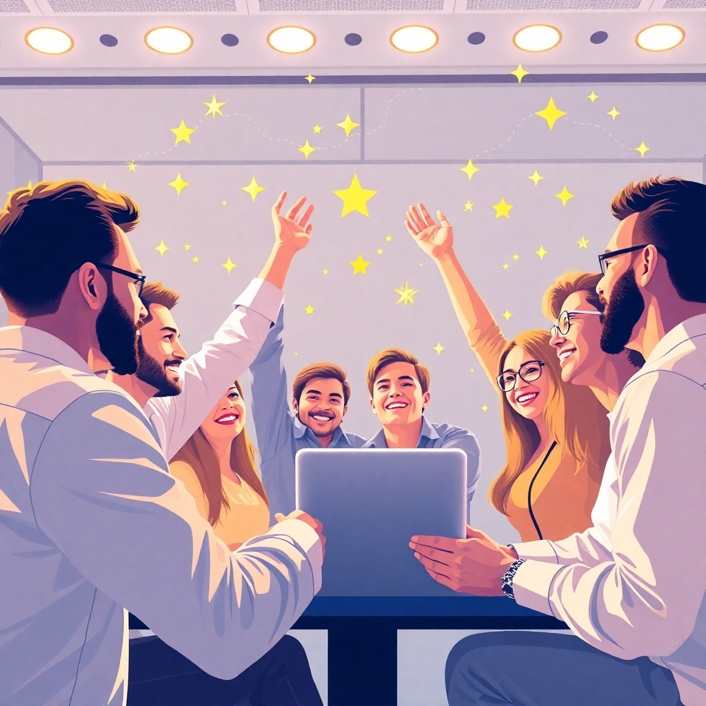 A stylized image of a group of people connected online, celebrating their achievements together. Bright, positive aesthetic. 8K resolution.