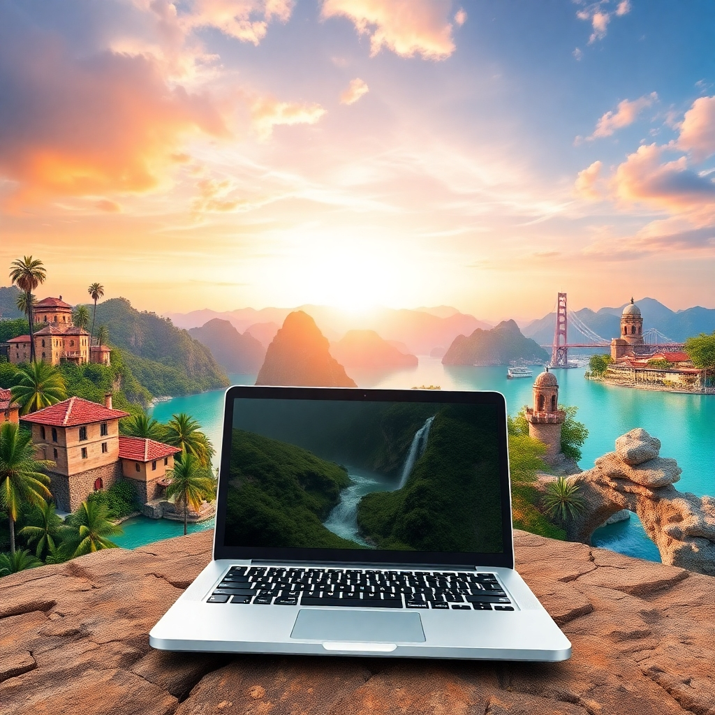 A stylized image showcasing various beautiful locations around the world, with a laptop superimposed, symbolizing work-from-anywhere freedom. 8K resolution.