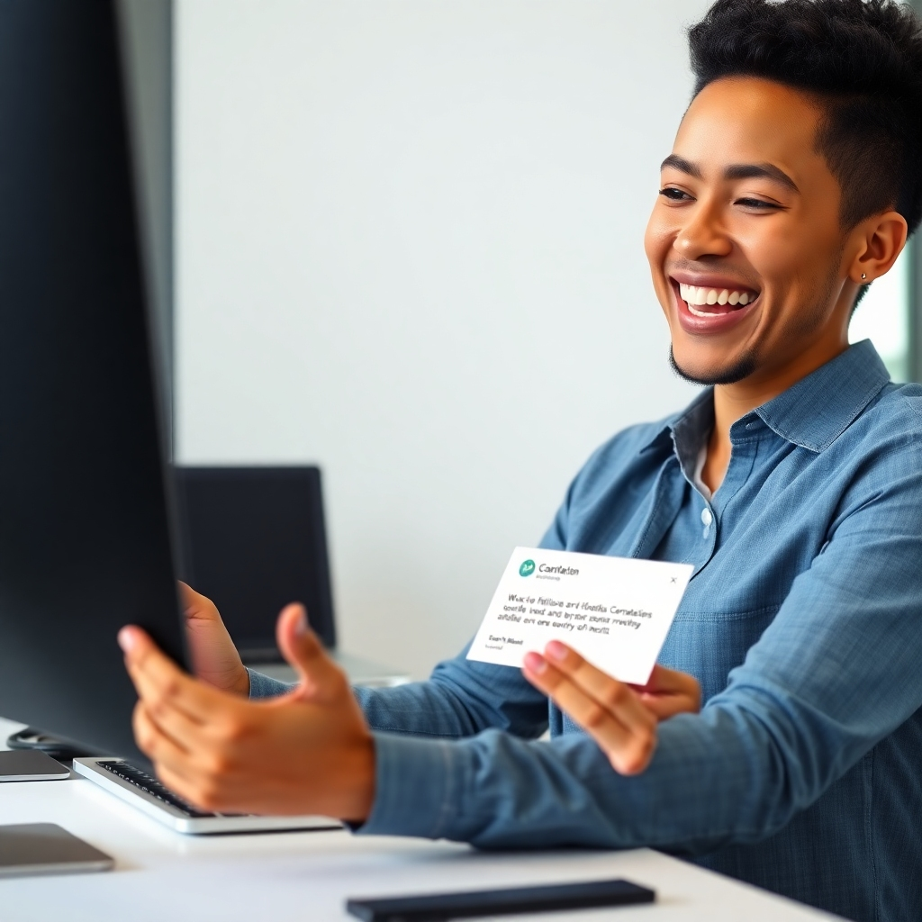 An image depicting a person happily interacting with email notification that confirms a successful lead conversion on their affiliate marketing campaign, emphasizing a positive outcome of effort. Use photorealistic elements, highlighting the details of the email and their joyful expression. The environment should be clean and modern, suggesting a professional and productive workspace.