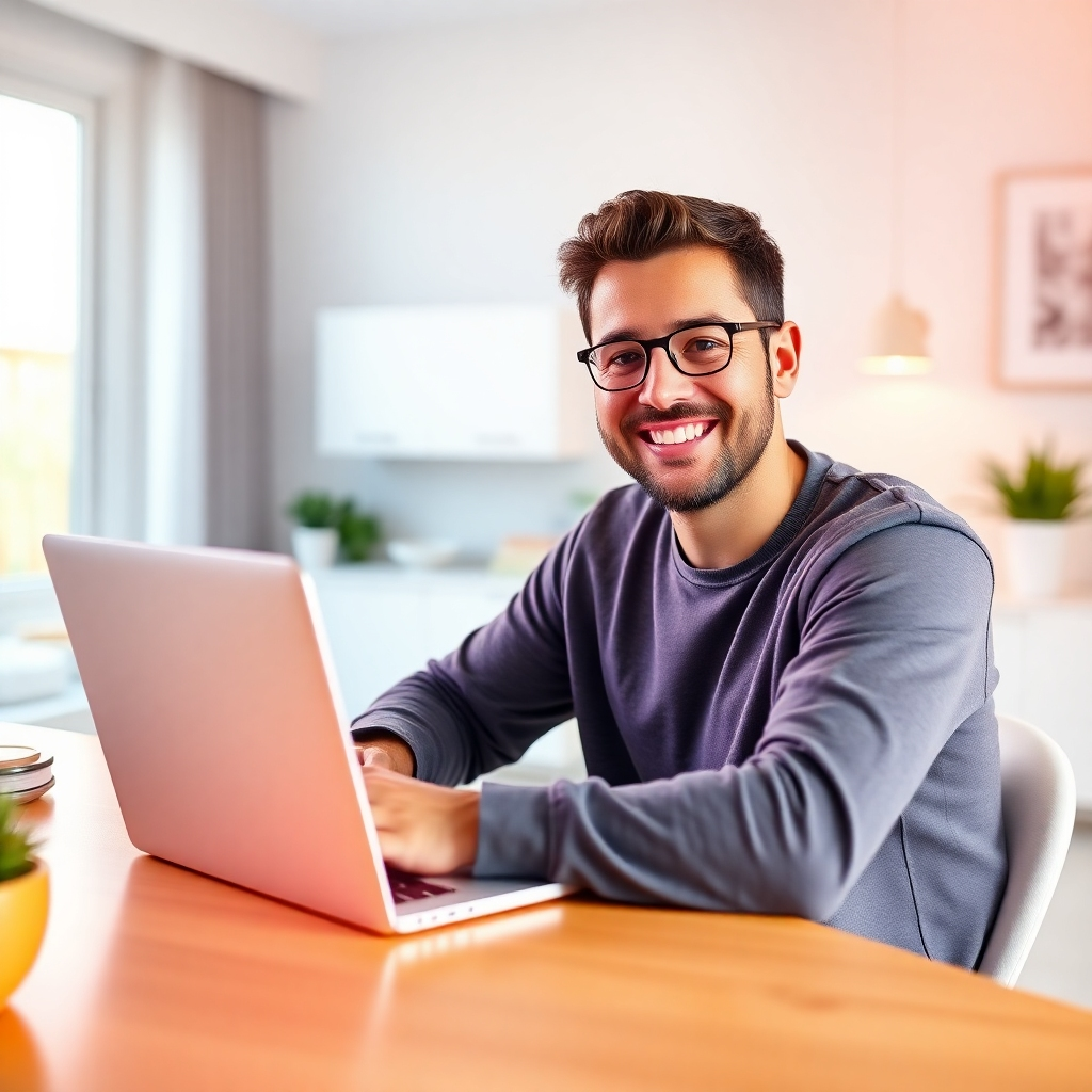 Create a photorealistic, ultra-high-quality 8K resolution image depicting a person smiling confidently, sitting at a modern laptop in a bright, minimalist home office.  The laptop screen displays a simplified graphic of three upward-trending lines representing income streams.  The color palette should be vibrant and energetic, with warm tones predominating.  The lighting should be soft and natural, coming from a large window to the left. The background is subtly blurred, showing minimalistic decor, suggesting a feeling of calm productivity. The overall style should evoke a sense of modern success and ease, similar to the aesthetic of high-end tech companies. The person should be wearing casual yet stylish clothing.  Include details like the reflection of the window in the laptop screen and subtle textures on the desk and laptop. The camera angle is slightly elevated, looking down at the person. The image should be hyperrealistic, with extreme attention to detail, to convey the highest possible quality.