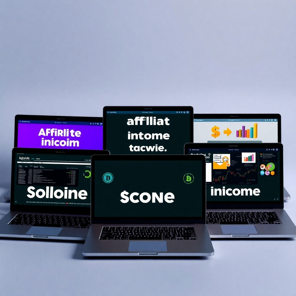 Photorealistic image depicting a variety of online income sources: affiliate marketing, blogging, e-commerce, etc., shown on different laptop screens, all interconnected. 8K resolution.
