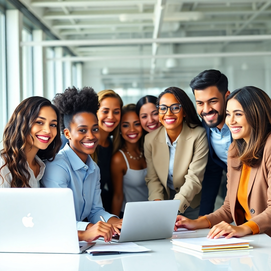 Photorealistic image of a group of diverse professionals working together in a modern, bright office, smiling and collaborating. 8K resolution.