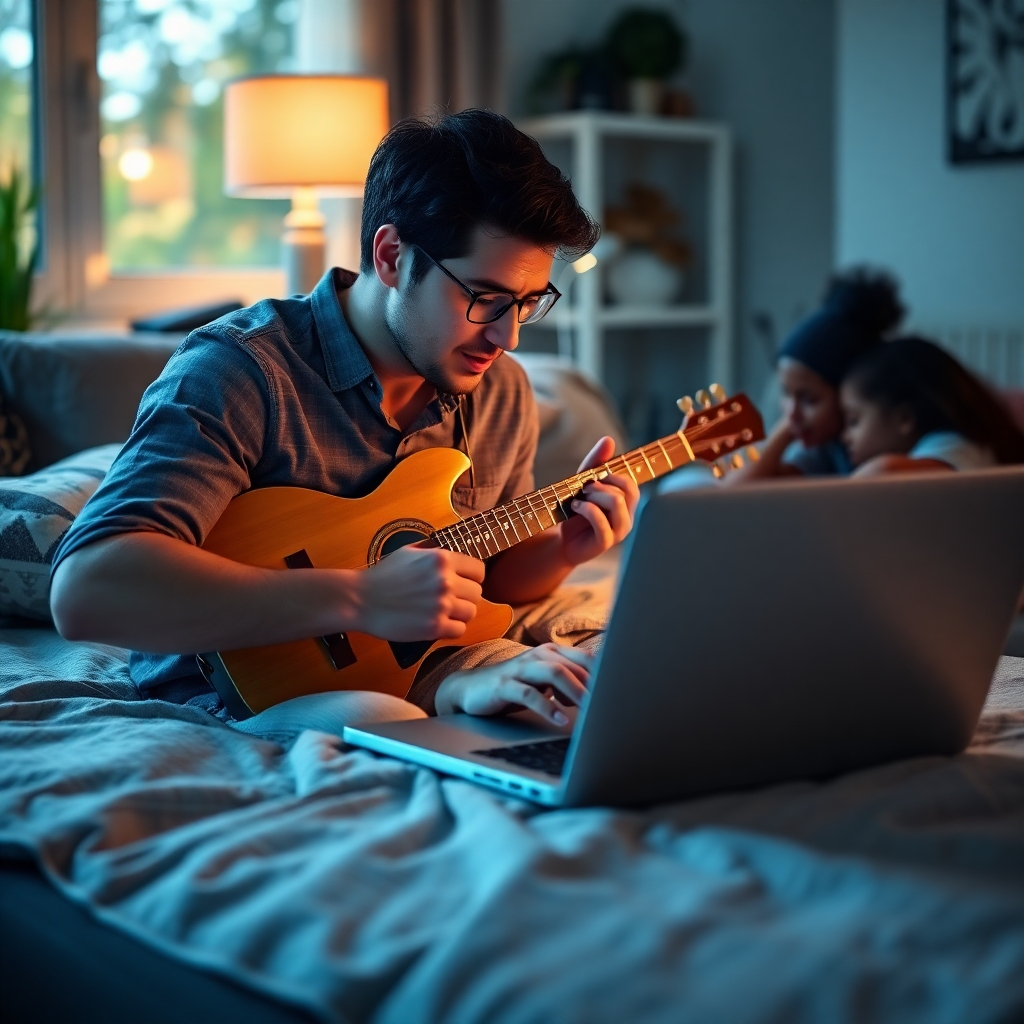 Photorealistic image of a person working on their laptop, but also enjoying a hobby like playing guitar or spending time with family. Emphasizes work-life integration. 8K resolution.