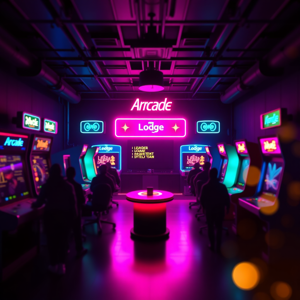Arcade lounge with glowing panels and neon lighting