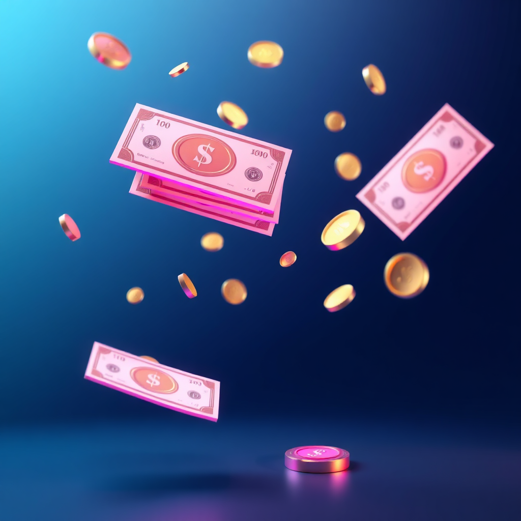 Floating coins and tickets in neon lighting