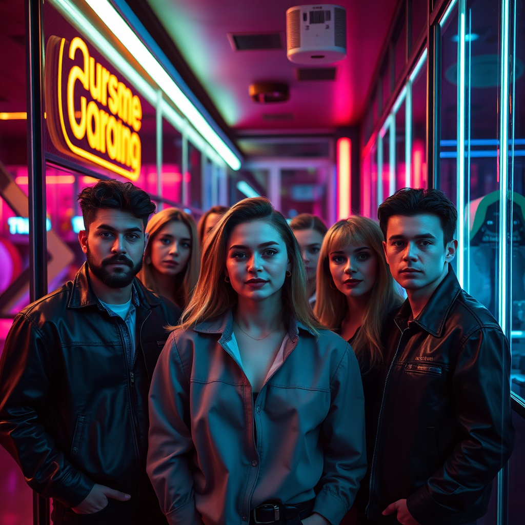 Team portrait in neon arcade