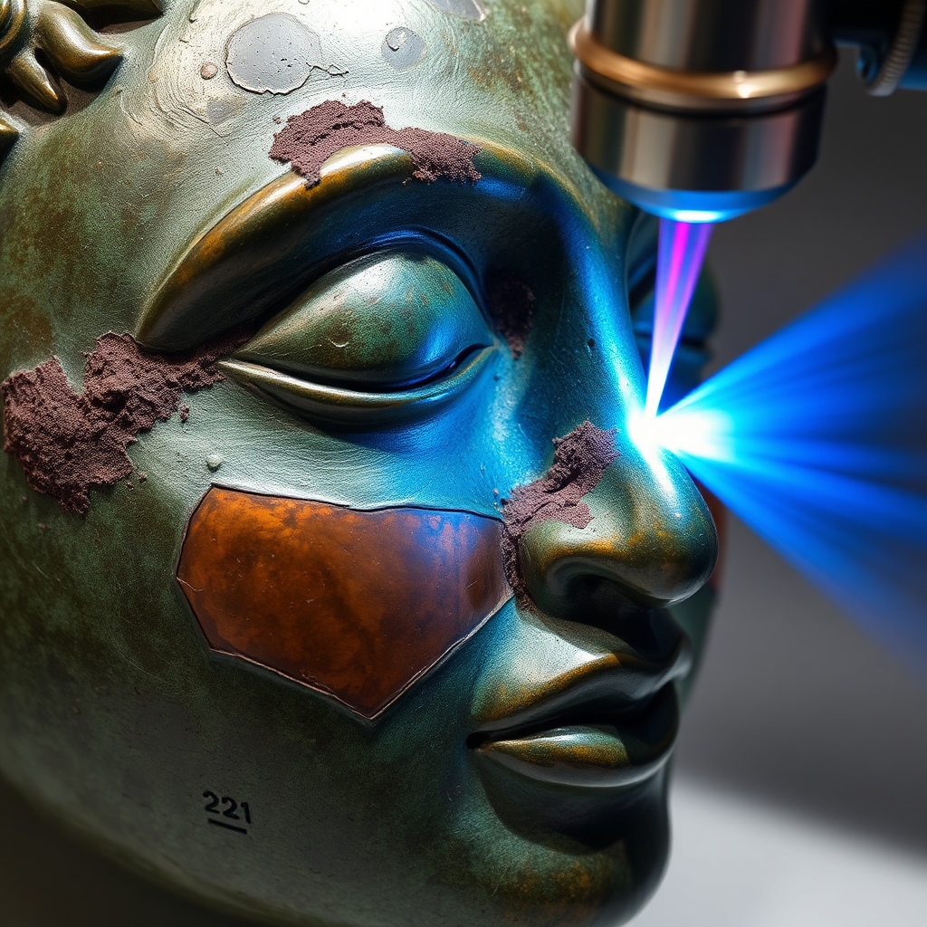 Historical bronze artifact before and after laser cleaning
