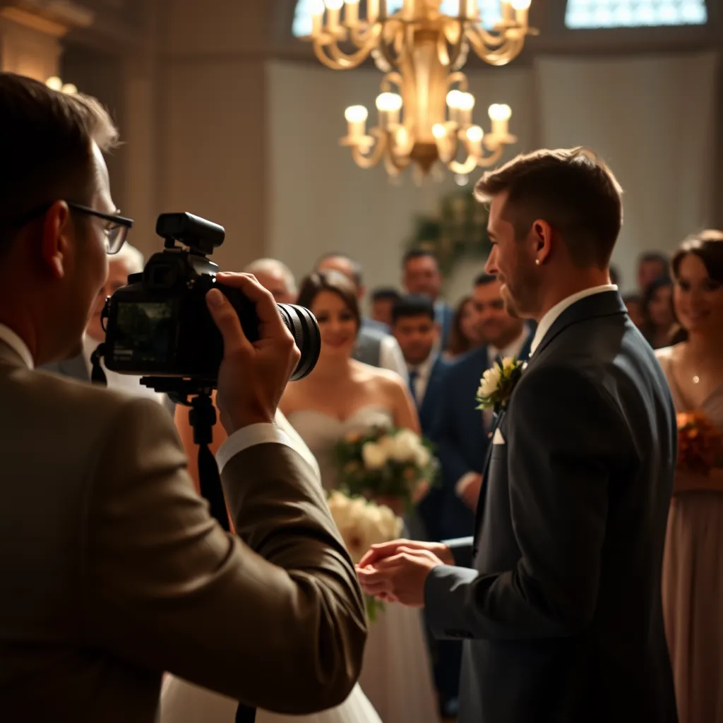 A beautiful wedding scene showcasing a photographer capturing a couple exchanging vows, surrounded by emotional guests. The moment is filled with smiles and tears of joy, emphasizing the intimate and heartfelt atmosphere of the ceremony.