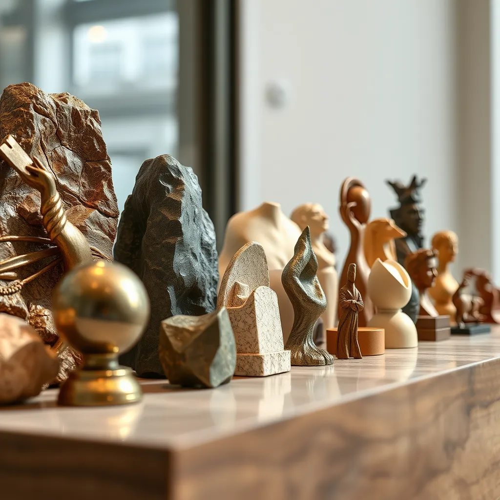 A beautifully arranged display of miniature sculptures showcasing a variety of materials such as shimmering metal, textured stone, and polished wood, each piece exhibiting a harmonious blend. The setting should be well-lit to highlight the details and textures of each material, creating a captivating visual experience.