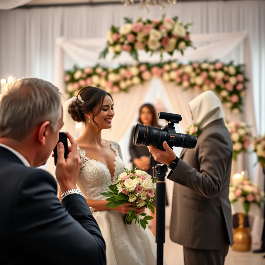 A beautifully arranged wedding scene with a talented photographer capturing a joyful couple. The setting should be decorated elegantly with flowers and soft lighting, depicting an emotional moment during the ceremony. The photographer is focusing intently through a camera lens.