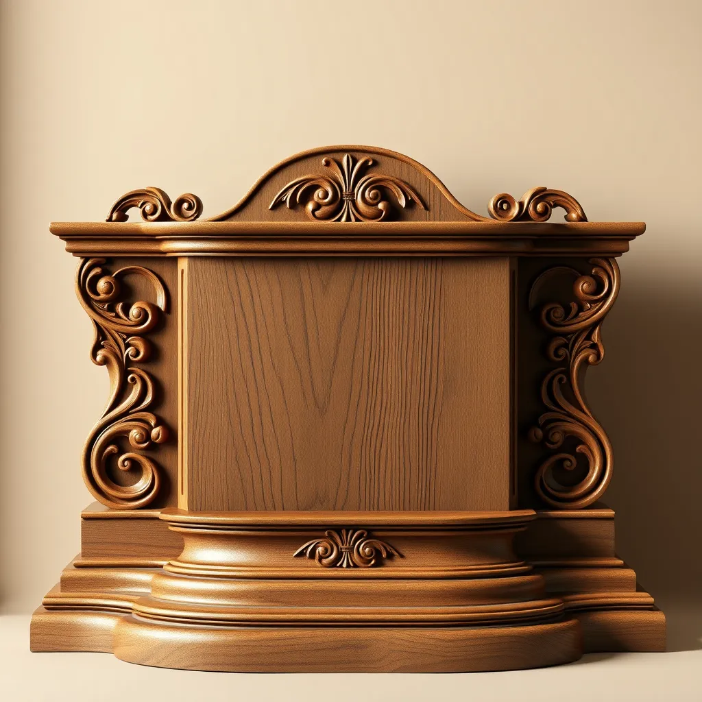 A beautifully crafted wooden tombstone with intricate carvings, set against a soft, neutral background. The wood should have a polished finish, showcasing its natural grain, while incorporating elegant curves and shapes typical of traditional design.