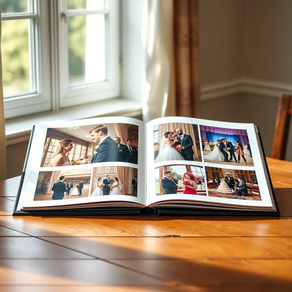 A beautifully designed photo album spread open on a wooden table, featuring high-quality images of a wedding ceremony. The pages display vibrant colors and artistic layouts, surrounded by soft natural light filtering through a nearby window.