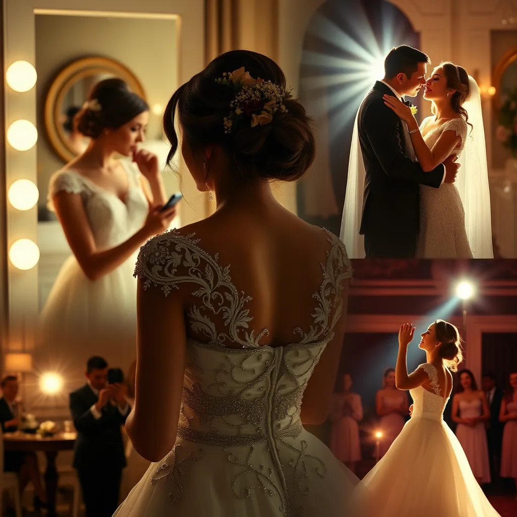 A beautifully edited collage of wedding moments, including the bride getting ready, the first kiss, and a dance scene. The images should flow seamlessly together, showcasing emotional highlights with light flares and elegant transitions between scenes.
