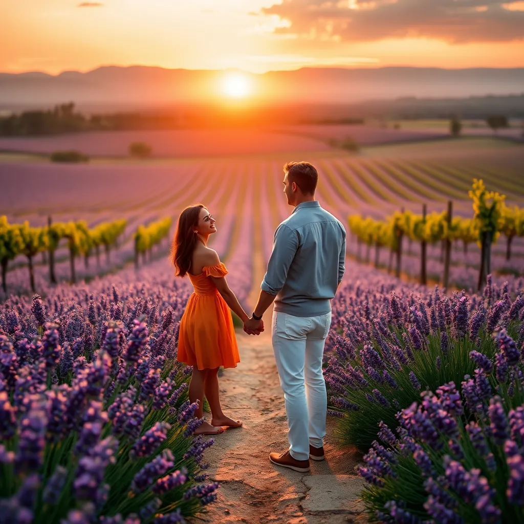 A breathtaking landscape in Provence featuring endless lavender fields in full bloom, a romantic vineyard with rows of grapevines, and a beautiful sunset casting a warm, golden light over the scene. The couple stands in the foreground, holding hands and gazing at each other lovingly.